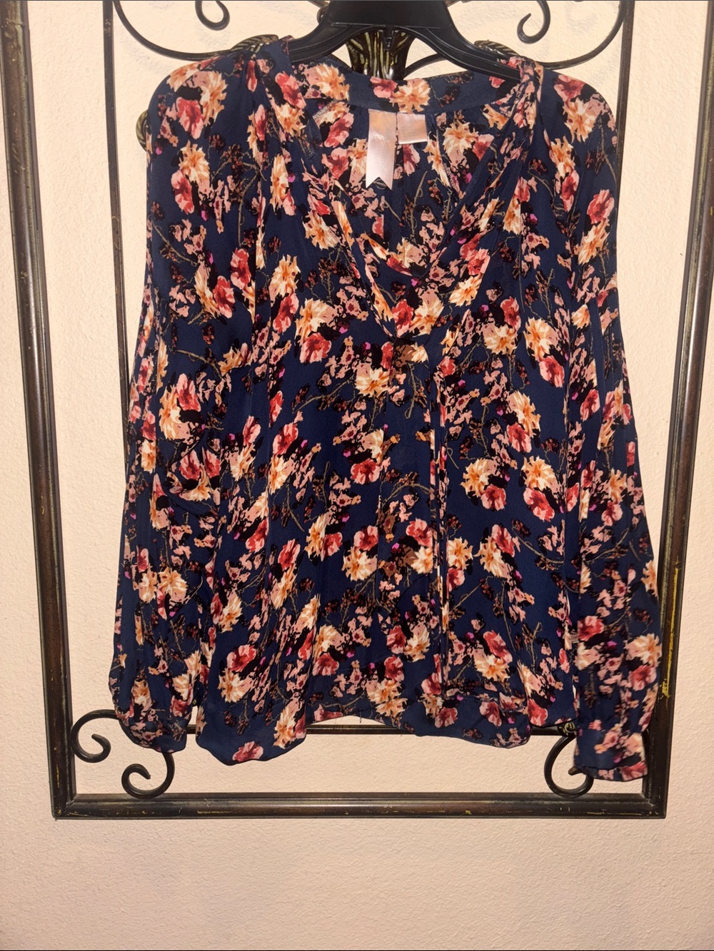 Gemma Silk Tie-Neck Floral Long-Sleeve Blouse in Navy and Assorted Colors - Picture 2 of 4